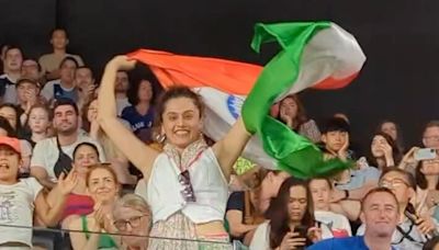 Taapsee Pannu waves Indian flag at Paris Olympics 2024, shares new pics and videos from her 'colourful' day. Watch