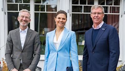 Crown Princess Victoria of Sweden dresses for the occasion in an ocean blue suit to discuss marine conservation in Stockholm