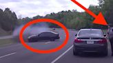 YIKES!!! Car Goes Flying Off The Road, Almost Kills Cop During Traffic Stop