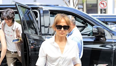 Jennifer Lopez Looks All Business at Family Lunch in a Tailored Shirt and Pinstripe Pants