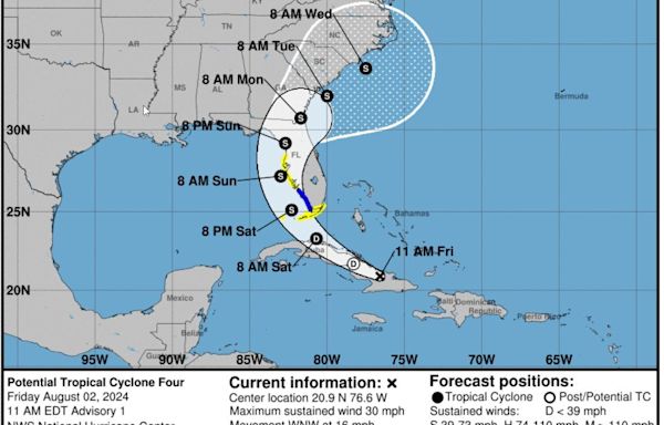 Hurricane Center says path of 'Potential Tropical Cyclone 4' could reach Jacksonville Monday