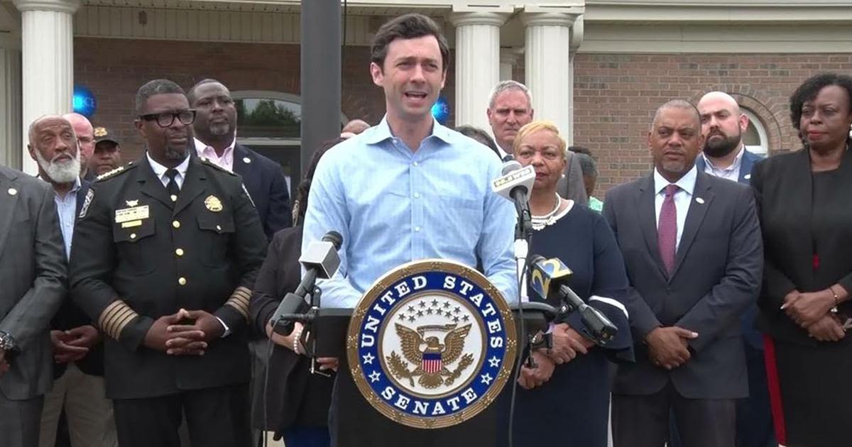 Jon Ossoff announces 25 of his Senate colleagues have signed on to his HELPER ACT during a Monday press conference at the north precinct of the Henry County Police Department in McDonough...