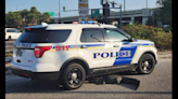 Goofy alligator crawls into Florida road, snuggles responding police car, photo shows