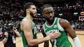 Jayson Tatum was a little too excited over Jaylen Brown's dagger 3 against Cavs