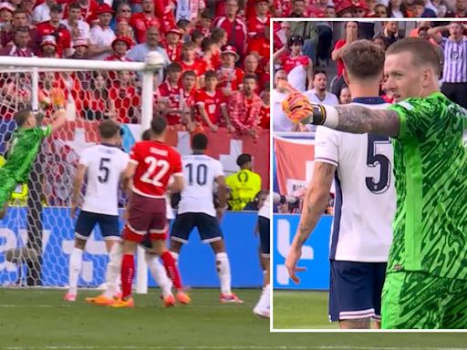 Pickford takes Shaqiri's cheeky attempt to score from a corner in good spirits