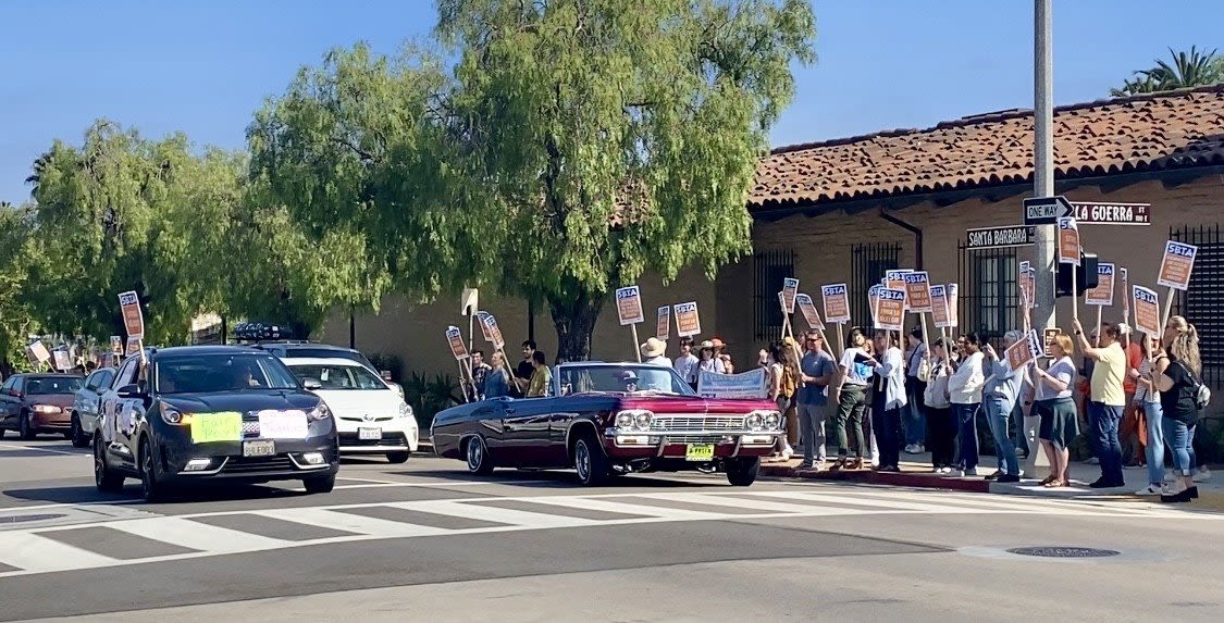 Santa Barbara teachers and supporters rally outside mediation meeting Wednesday