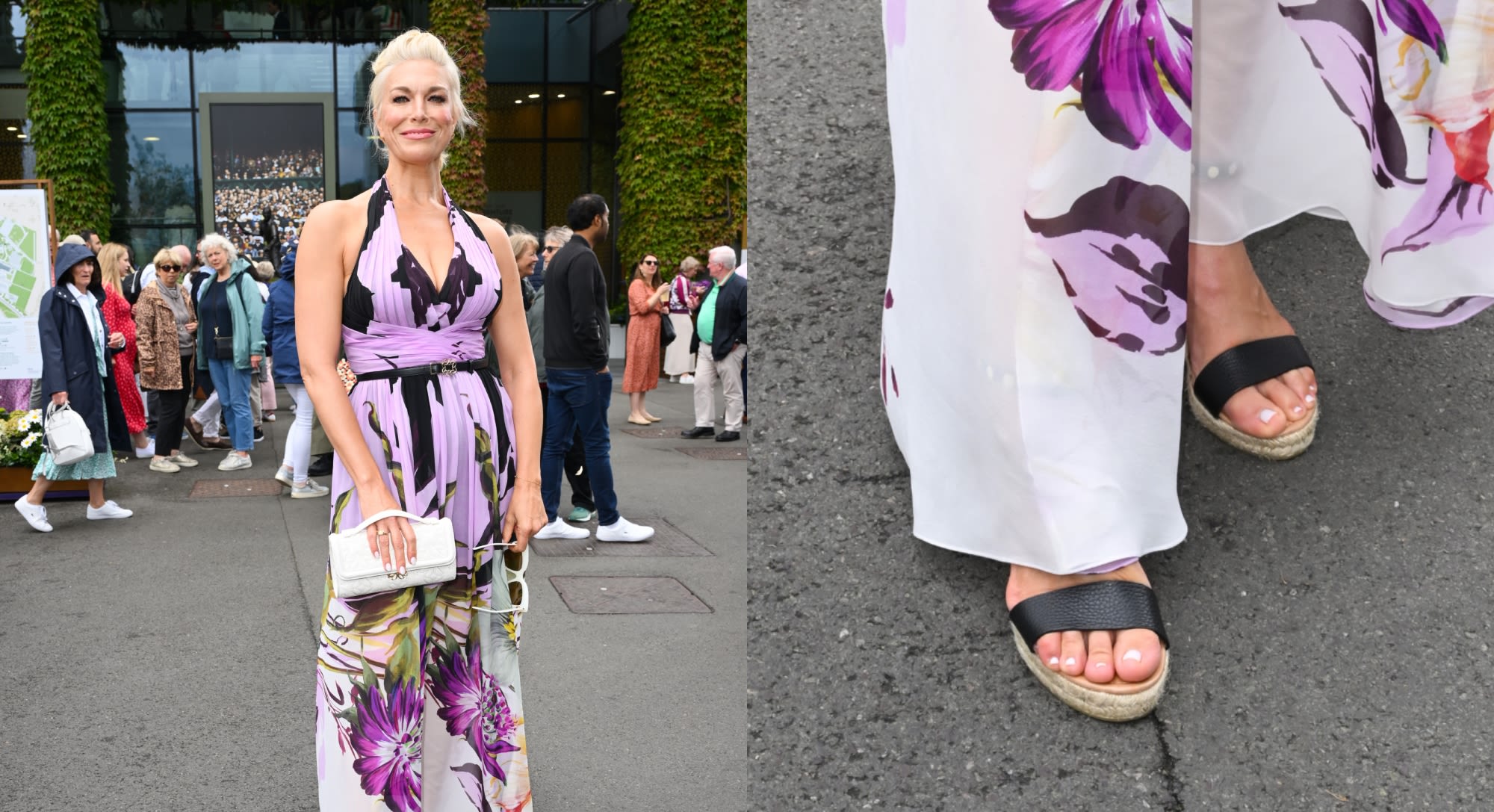 Hannah Waddingham Cheers at Wimbledon in Black Wedge Sandals and Floral Elie Saab Dress