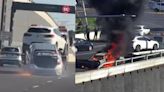 Car hanging from tow truck catches fire on Melbourne road