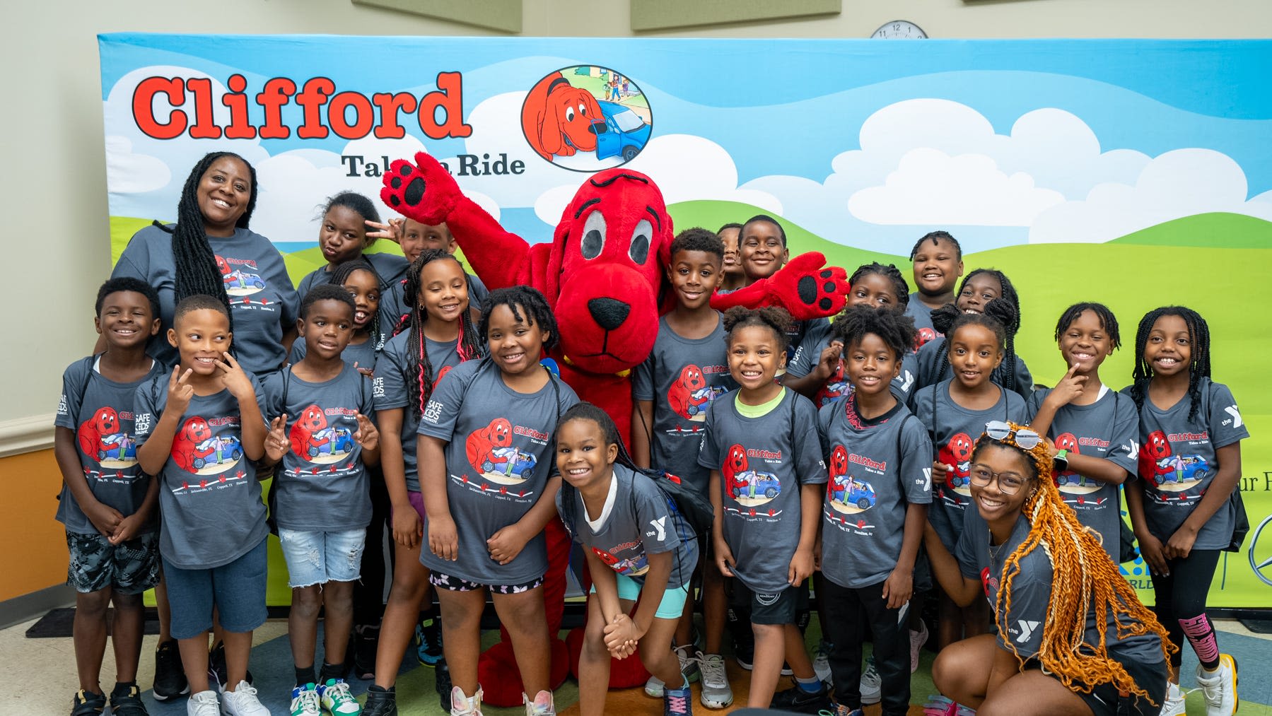 Clifford the Big Red Dog visits Jacksonville's Tiger Academy on road safety tour