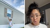 Inside a TikTok-famous luxury trailer home featuring an office, a laundry room, a 6-seat couch, and a fireplace