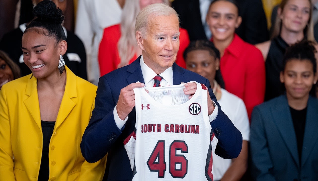 Biden mocks men's college basketball for lower viewership than women's as champions visit White House