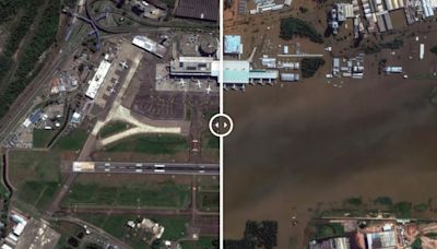 Before and after: Images from space reveal submerged airport runway and football field in devastating Brazil floods