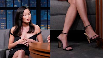 Anna Sawai Talks ‘Shōgun’ Emmy Nomination in Geometric Black Sandal Heels on ‘Late Night With Seth Meyers’