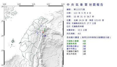 花蓮連5震!10:31花蓮秀林4.0極淺層地震 5縣市有感