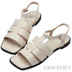 【Grace Gift】編織寬帶低跟涼鞋 米白
