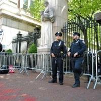 Police guard the gates of Columbia University in New York City after clearing the protest encampment there overnight