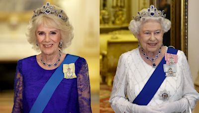 Queen Camilla Wearing Queen Elizabeth II’s Jewelry: Brooches, Sapphire and Diamond Tiara, Coronation Day Necklace and More