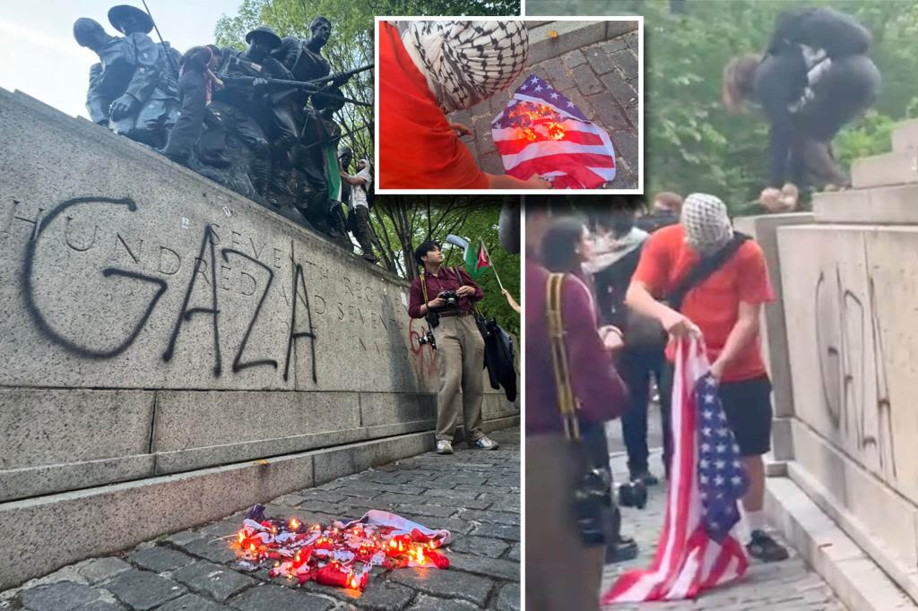 Anti-Israel protesters vandalize WWI memorial, burn American flag after cops block protesters from reaching star-studded Met Gala in NYC