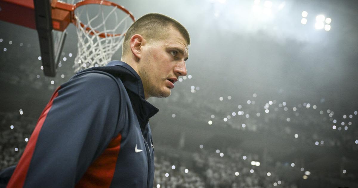 Nikola Jokic of the Denver Nuggets warms up before the first quarter against the Minnesota Timberwolves at Target Center in Minneapolis on Thursday, May 16, 2024.