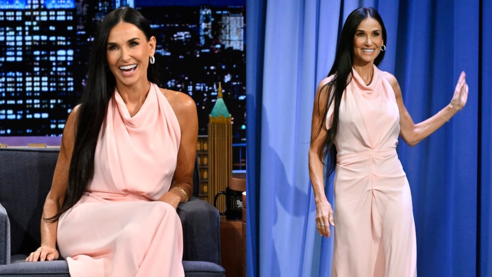 Demi Moore Blushes in Pink Victoria Beckham Dress for ‘Jimmy Fallon’ Appearance, Talks ‘The Substance’ and Doing Press...