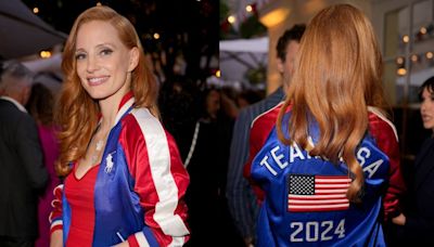 Jessica Chastain Flaunts Patriotic Flairs in Red, White and Blue Satin Bomber Jacket for An Evening at Ralph’s During the...