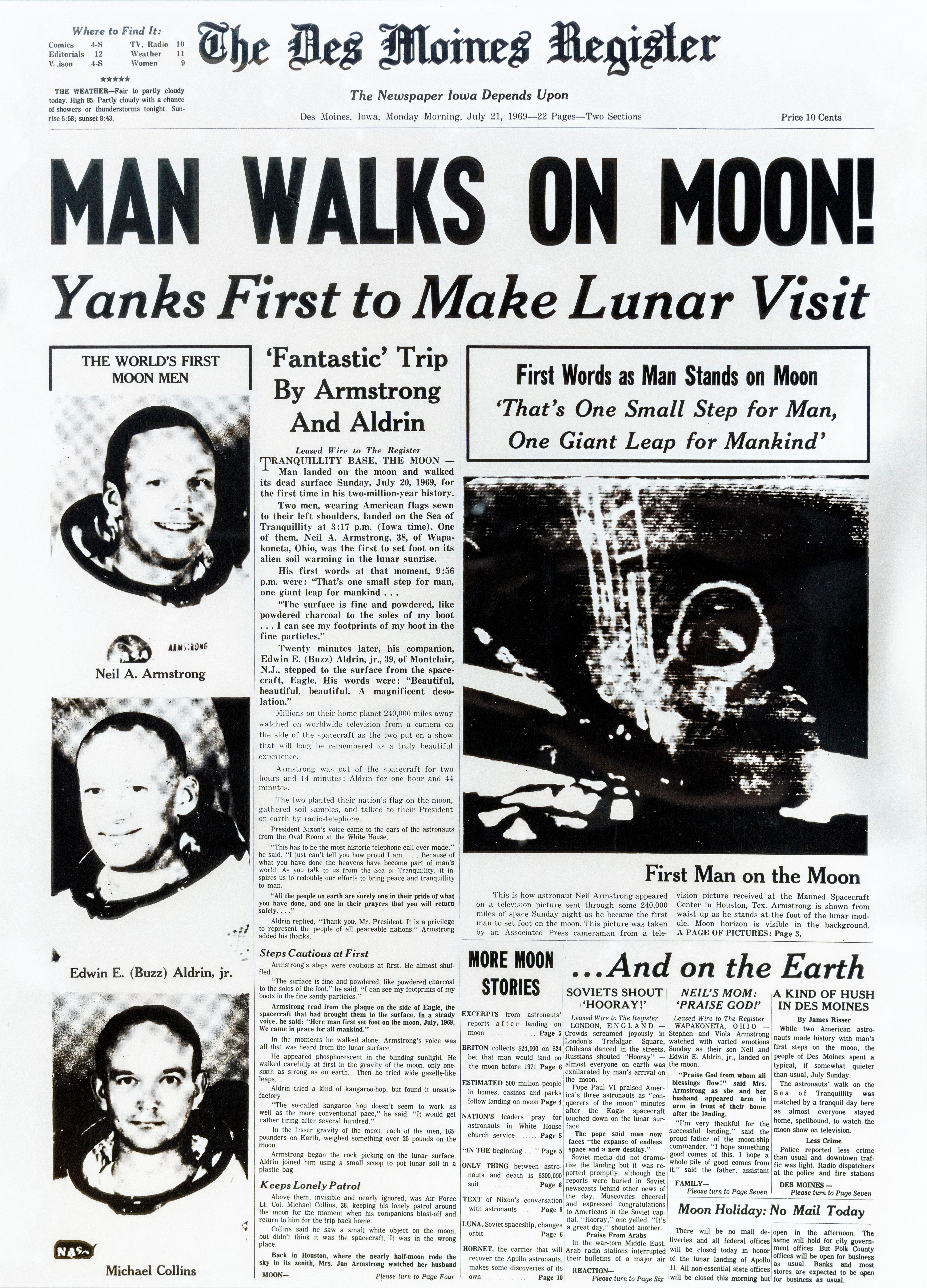 Historic front page from the Des Moines Register, July 21, 1969: Man lands on the moon