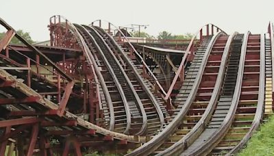 Photo appears to show 2 concrete blocks holding up part of Kennywood roller coaster