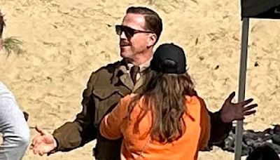 Damian Lewis looks unrecognisable with a thick moustache on set