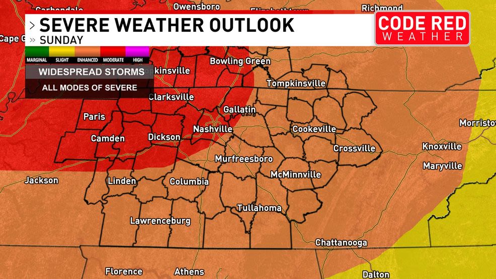 CODE RED ALERT: Upgraded risk for severe storms, tornadoes in Middle Tennessee tonight