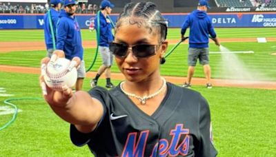 Jordan Chiles throws first pitch at Mets vs Reds