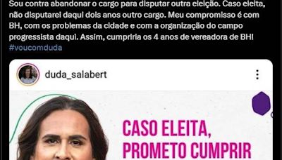 Duda Salabert apaga publicação em que dizia ser contra abandonar cargo para disputar eleição