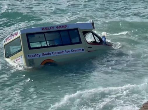 Dramatic moment ice cream van swept out to sea in Cornwall