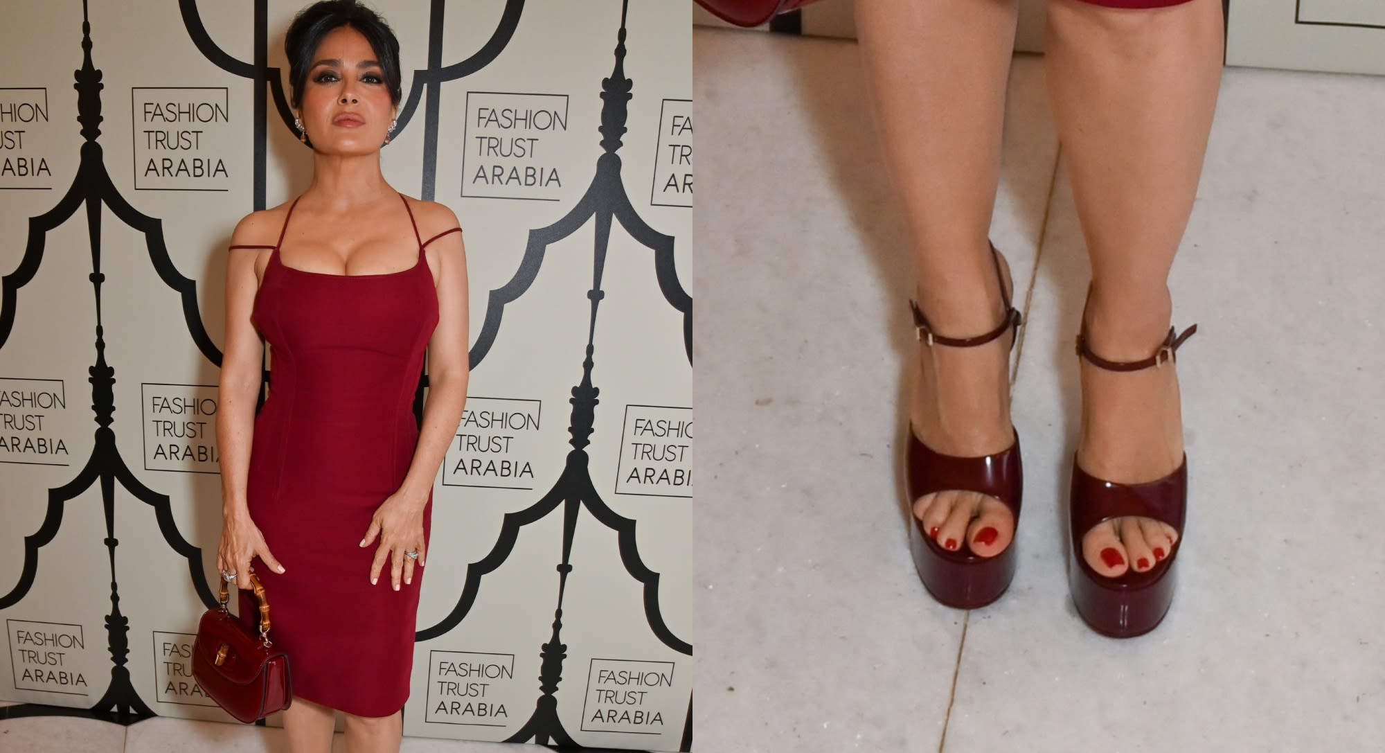 Salma Hayek Gets Monochromatic in Soaring Maroon Platforms for FTA Dinner