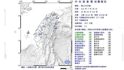 花蓮近海10：24規模5.1地震 最大震度4級