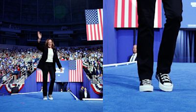 Kamala Harris Campaigns In North Carolina Wearing Chucks and Pearls