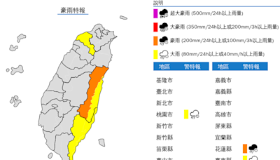 對流旺盛 花東防大雷雨 桃園等3縣市豪大雨特報