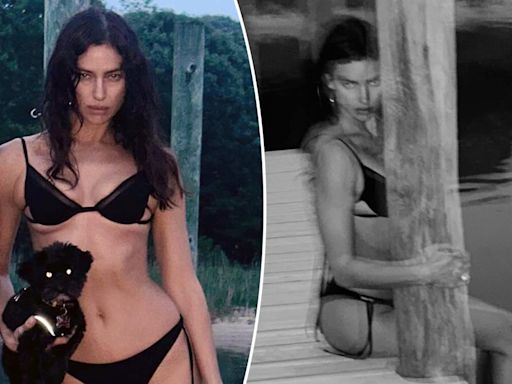 Irina Shayk kicks off bikini season in a tiny black swimsuit during Memorial Day getaway with daughter and dog