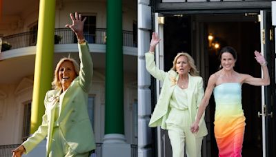 ...Lady Jill Biden Dons Mint Green Power Suit With Daughter Ashley in Revolve Rainbow Dress for White House Pride Celebration...