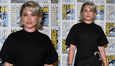 Florence Pugh Puts Edgy Spin on T-shirt Dress in David Koma at 2024 Comic-Con for ‘Thunderbolts’ Movie Panel