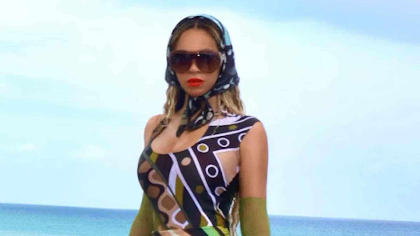 Beyoncé Wears Semi-Sheer Miniskirt in Bold Pattern For Birthday Look