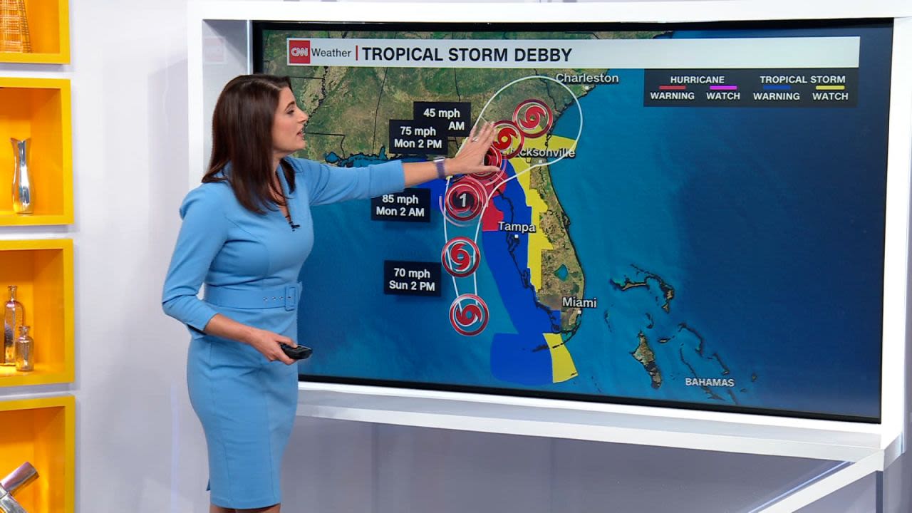 Tropical Storm Debby expected to rapidly strengthen to a Category 1 hurricane and could bring historic rainfall to Southeast