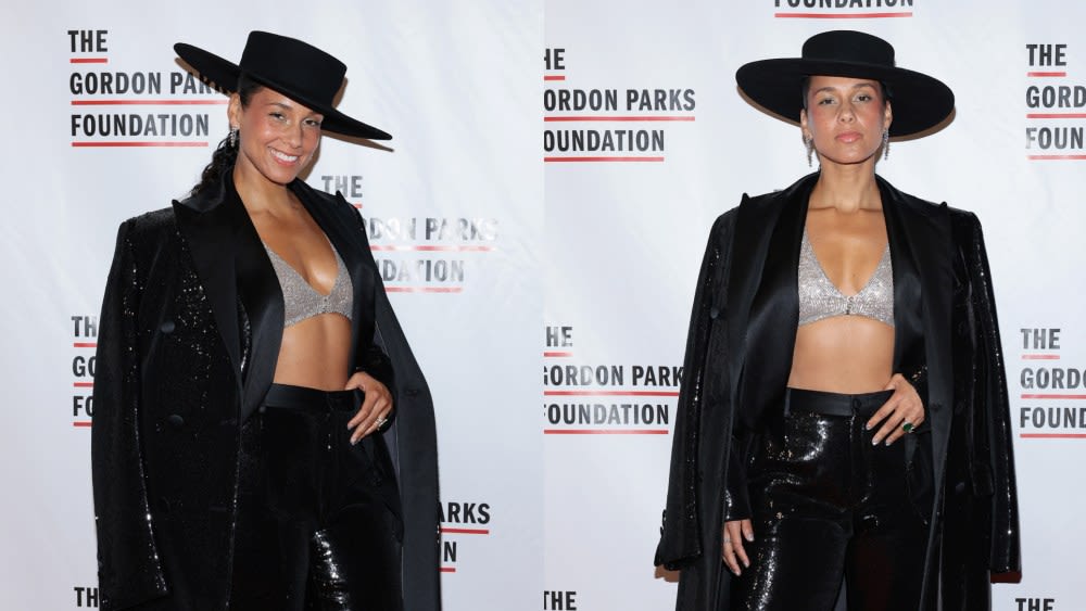 Alicia Keys Sparkles in Bedazzled Bralette and Sequined Pantsuit at Gordon Parks Foundation Gala With Swizz Beatz