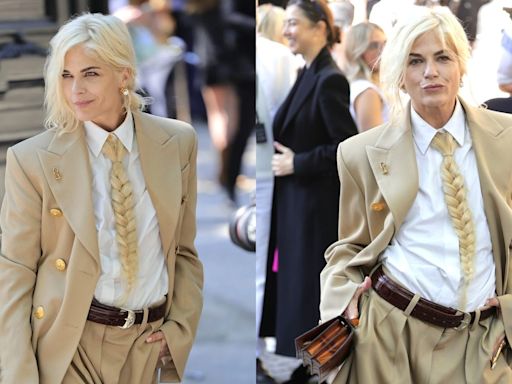 Paris Couture Fashion Week 2024: Selma Blair's blonde braided tie is another nod to Schiaparelli's whimsical aesthetic