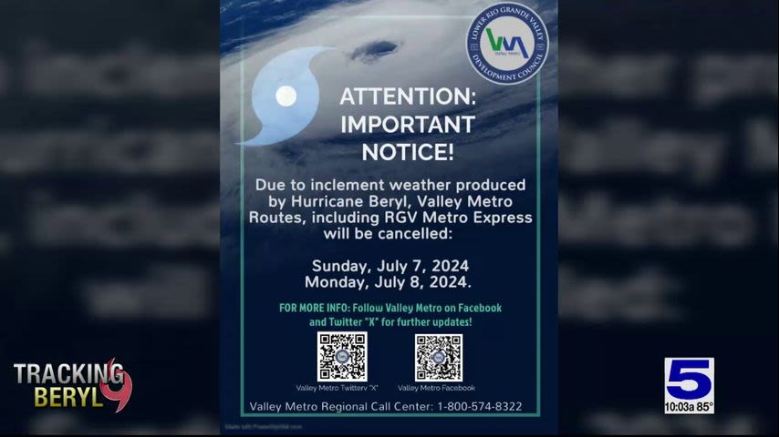 Valley Metro announces route cancelations due to Beryl