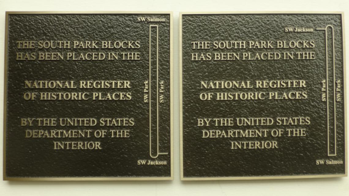 Newly installed plaques in South Park Blocks recognize historic designation