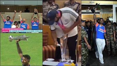Not Rohit, Hardik Pandya lifts trophy at Mumbai airport; Rohit Sharma spotted cleaning trophy ahead of parade [Viral moments]