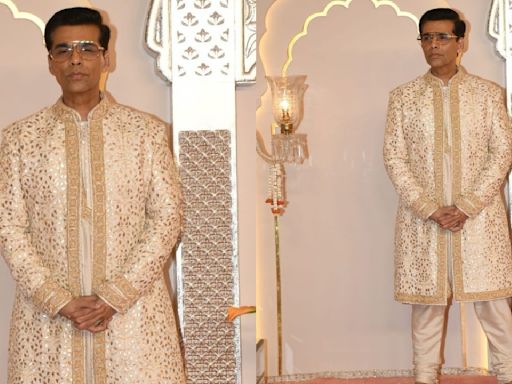 Karan Johar sports Abu Jani Sandeep Khosla ivory sherwani for Anant Ambani-Radhika Merchant’s wedding; CHECKOUT complete look