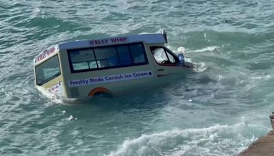 Dramatic moment ice cream van swept out to sea in Cornwall