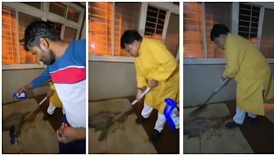 ...MP Minister Pradhuman Singh Tomar Cleans Dirty Floor Of Shivpuri District Hospital; Reprimands Cleaning Agency, Staff