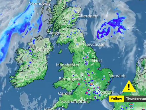 Met Office warns of 'torrential thundery downpours' to hit UK this evening